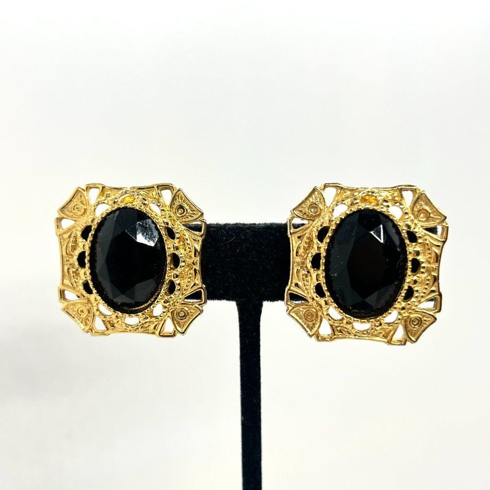 Vintage Sarah Coventry Earrings Clip On Black Faceted Gold Tone Filigree